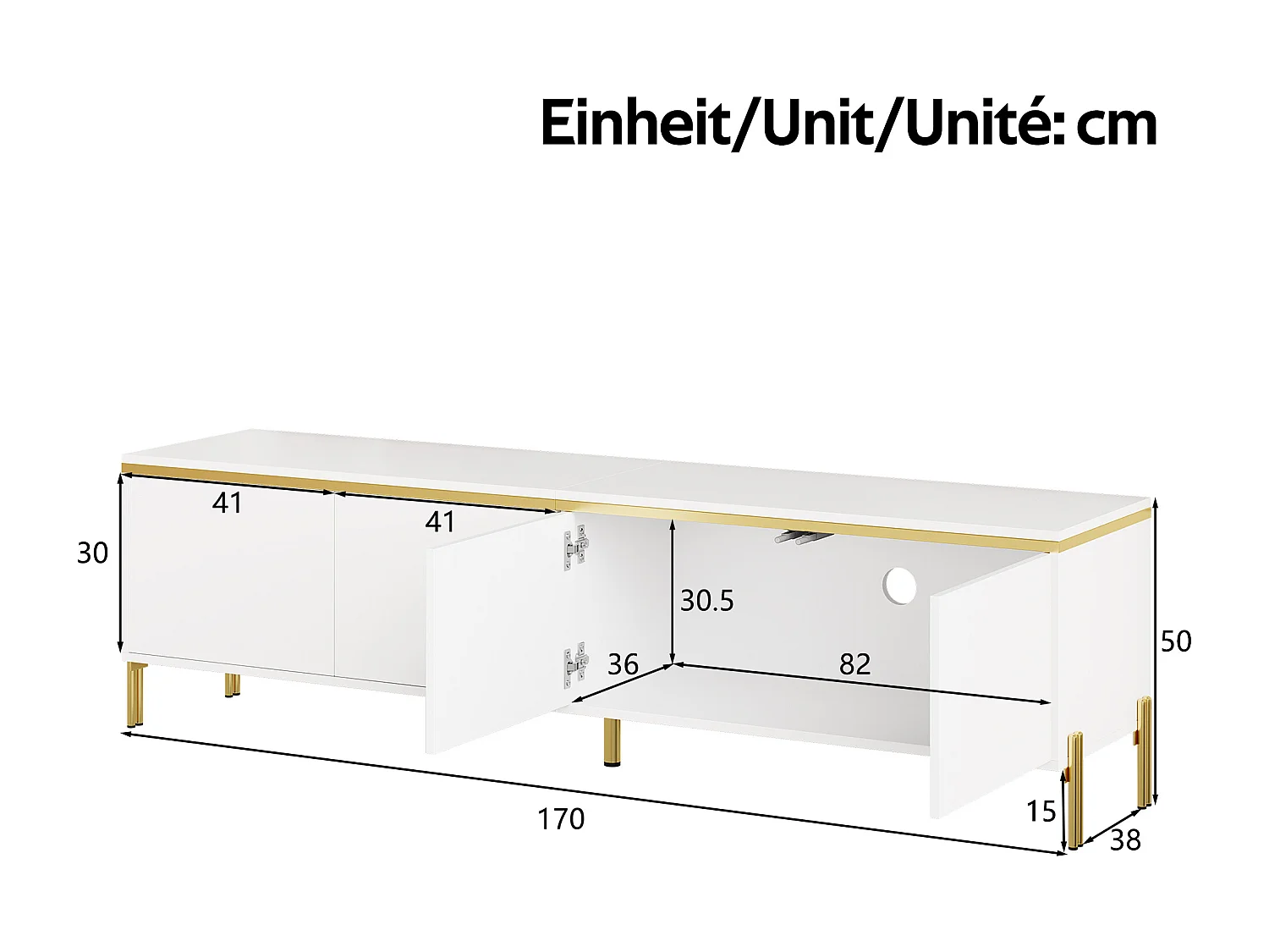 Moderner hochglänzender lackierter TV-Schrank - 170x38x50 cm - 4 Türen - Vergoldete Akzente - Metallfüße - Weiß