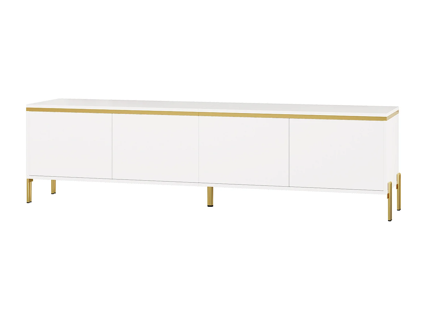 Moderner hochglänzender lackierter TV-Schrank - 170x38x50 cm - 4 Türen - Vergoldete Akzente - Metallfüße - Weiß