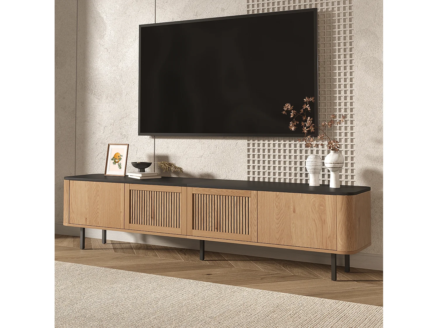 Moderner TV-Schrank 190x35x45 cm - 4 Jalousientüren - abgerundete Ecken - Eisenfüße - MDF - natur