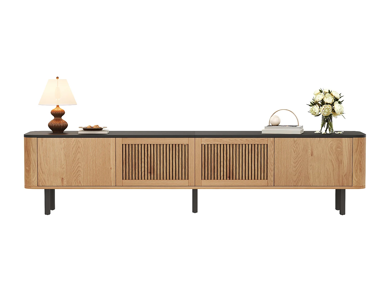 Moderner TV-Schrank 190x35x45 cm - 4 Jalousientüren - abgerundete Ecken - Eisenfüße - MDF - natur