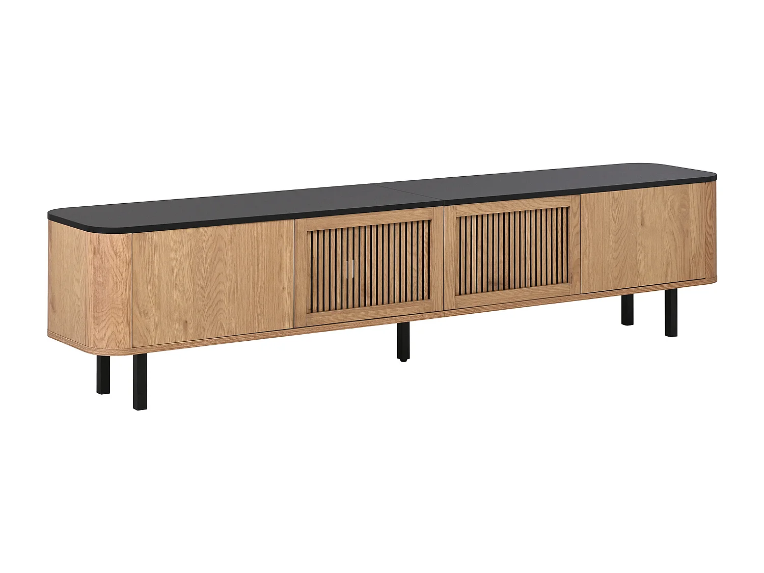 Moderner TV-Schrank 190x35x45 cm - 4 Jalousientüren - abgerundete Ecken - Eisenfüße - MDF - natur