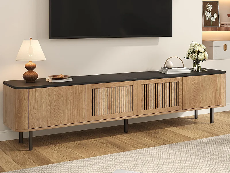 Moderner TV-Schrank 190x35x45 cm - 4 Jalousientüren - abgerundete Ecken - Eisenfüße - MDF - natur