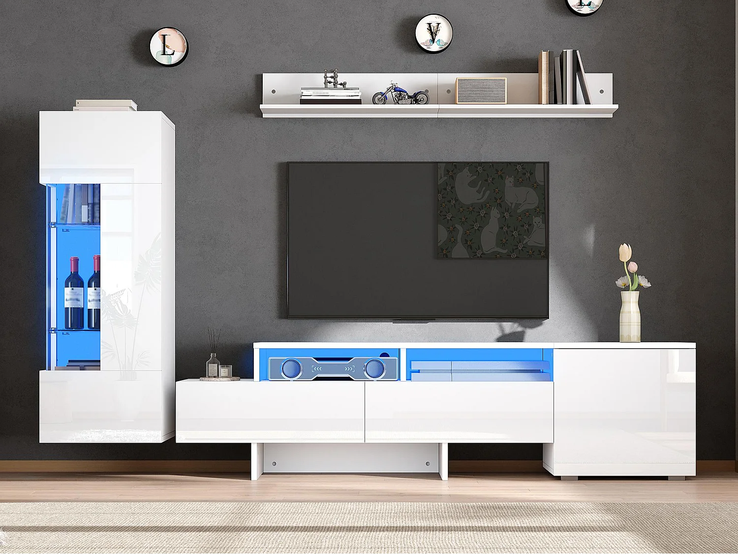 3-teiliger TV-Möbelsatz - TV-Schrank + Vitrine + Wandregal - LED-Beleuchtung - 2 Türen + 2 Schubladen - Hochglanz-Oberfläche - Weiß