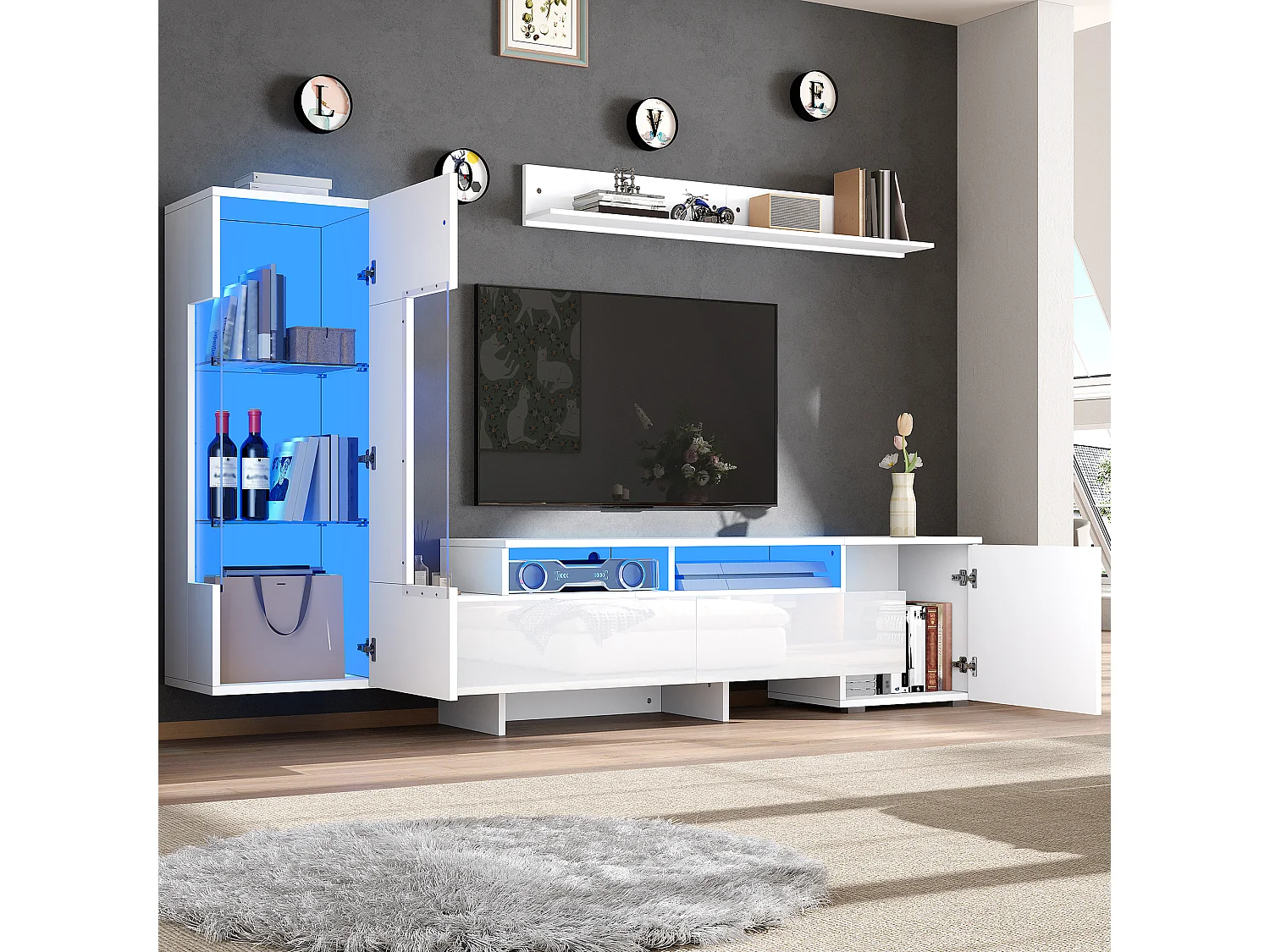 3-teiliger TV-Möbelsatz - TV-Schrank + Vitrine + Wandregal - LED-Beleuchtung - 2 Türen + 2 Schubladen - Hochglanz-Oberfläche - Weiß