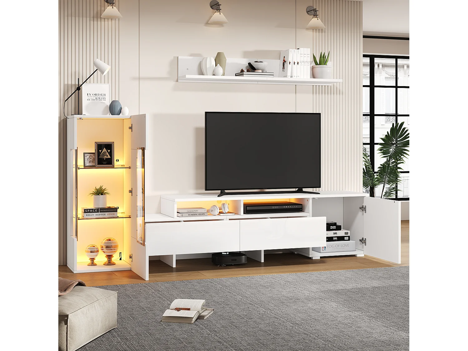 3-teiliger TV-Möbelsatz - TV-Schrank + Vitrine + Wandregal - LED-Beleuchtung - 2 Türen + 2 Schubladen - Hochglanz-Oberfläche - Weiß