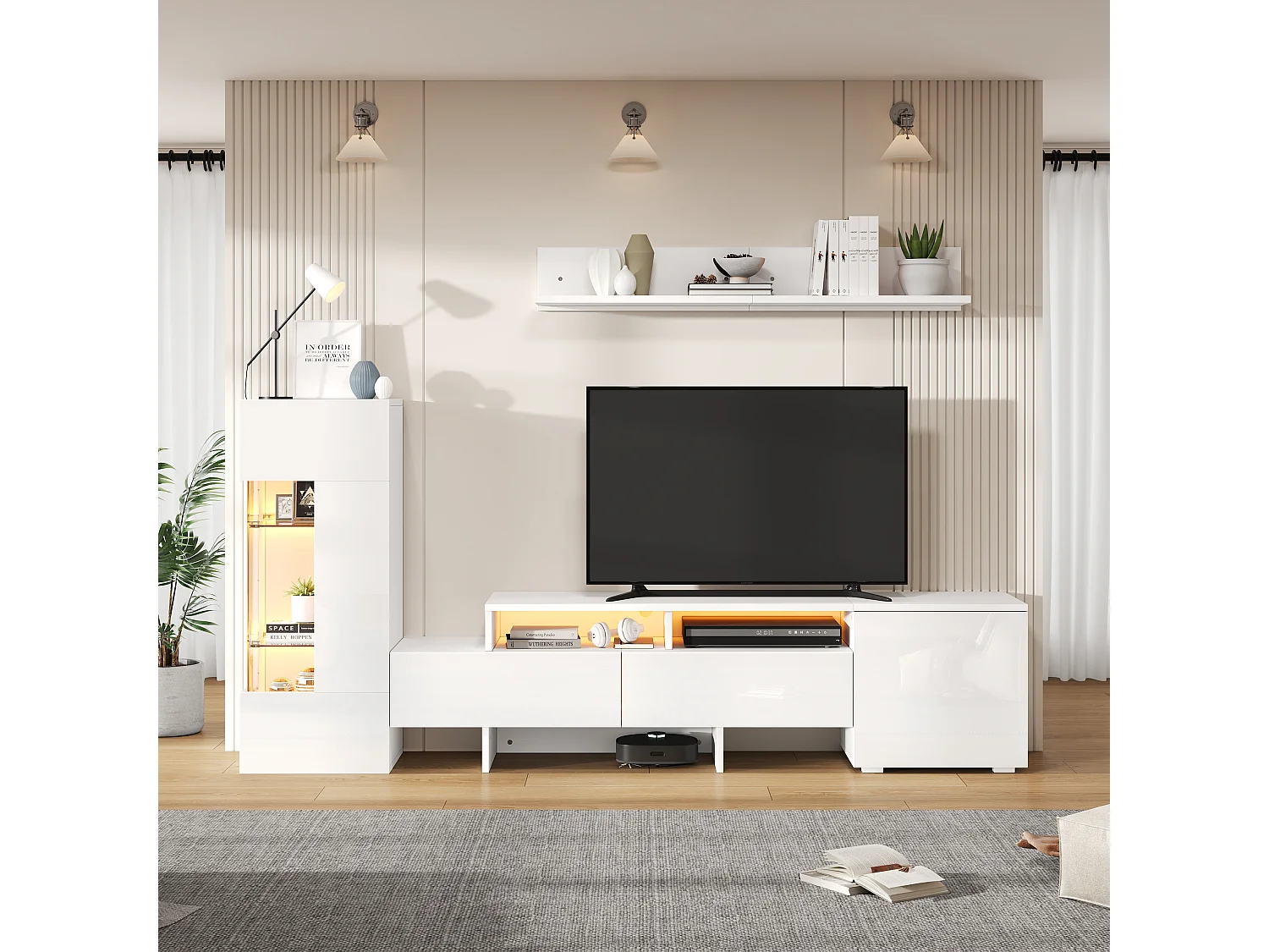 3-teiliger TV-Möbelsatz - TV-Schrank + Vitrine + Wandregal - LED-Beleuchtung - 2 Türen + 2 Schubladen - Hochglanz-Oberfläche - Weiß