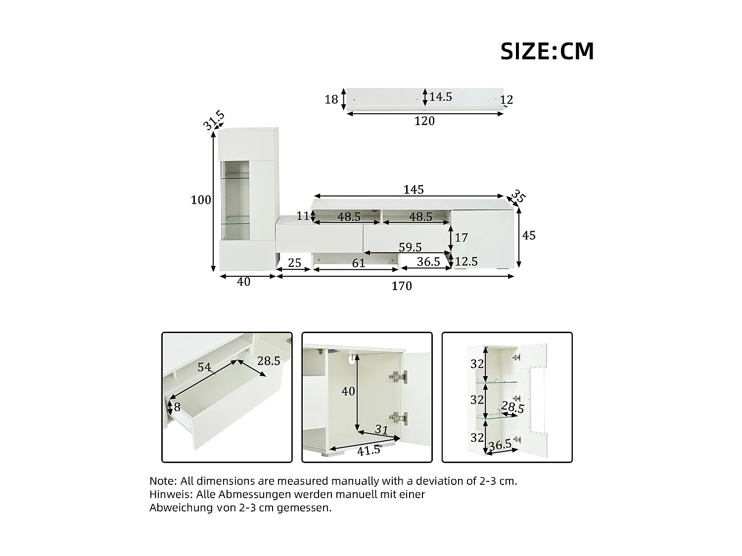 3-teiliger TV-Möbelsatz - TV-Schrank + Vitrine + Wandregal - LED-Beleuchtung - 2 Türen + 2 Schubladen - Hochglanz-Oberfläche - Weiß