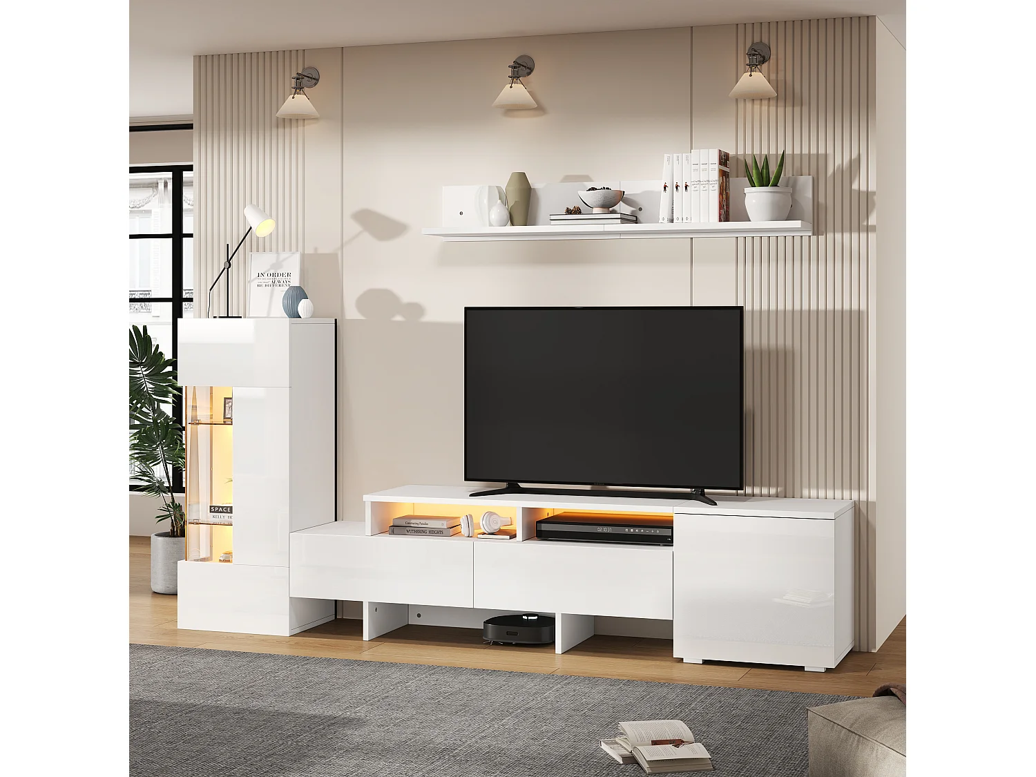 3-teiliger TV-Möbelsatz - TV-Schrank + Vitrine + Wandregal - LED-Beleuchtung - 2 Türen + 2 Schubladen - Hochglanz-Oberfläche - Weiß