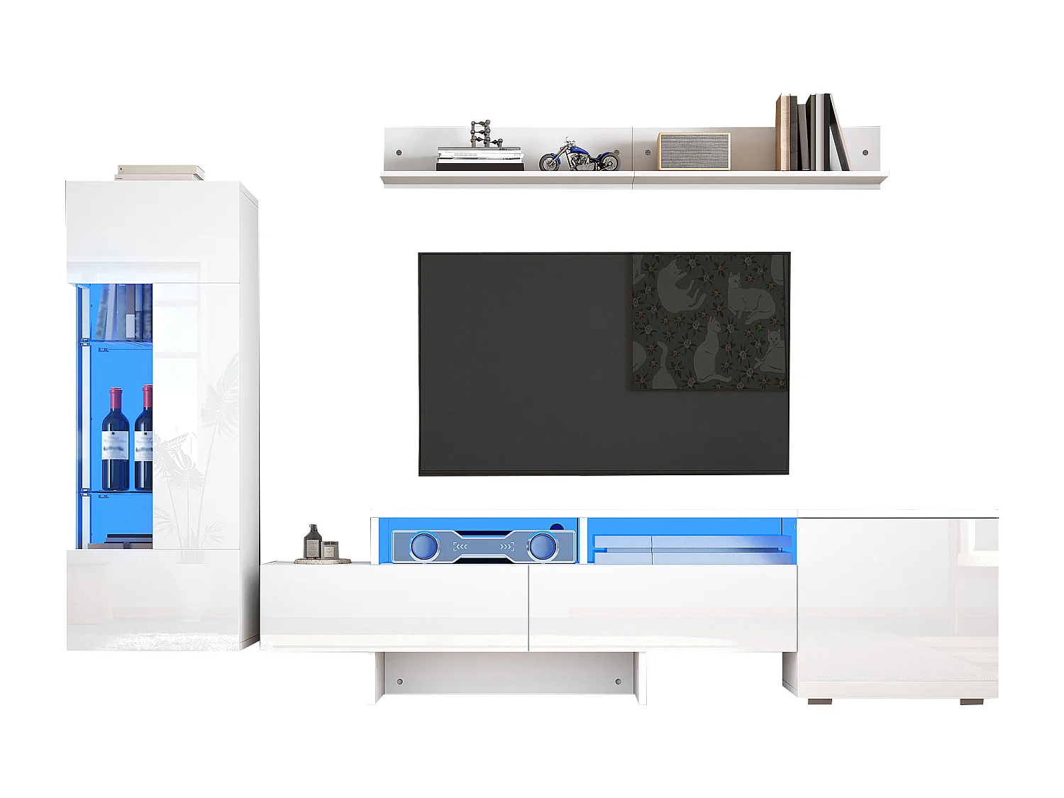 3-teiliger TV-Möbelsatz - TV-Schrank + Vitrine + Wandregal - LED-Beleuchtung - 2 Türen + 2 Schubladen - Hochglanz-Oberfläche - Weiß