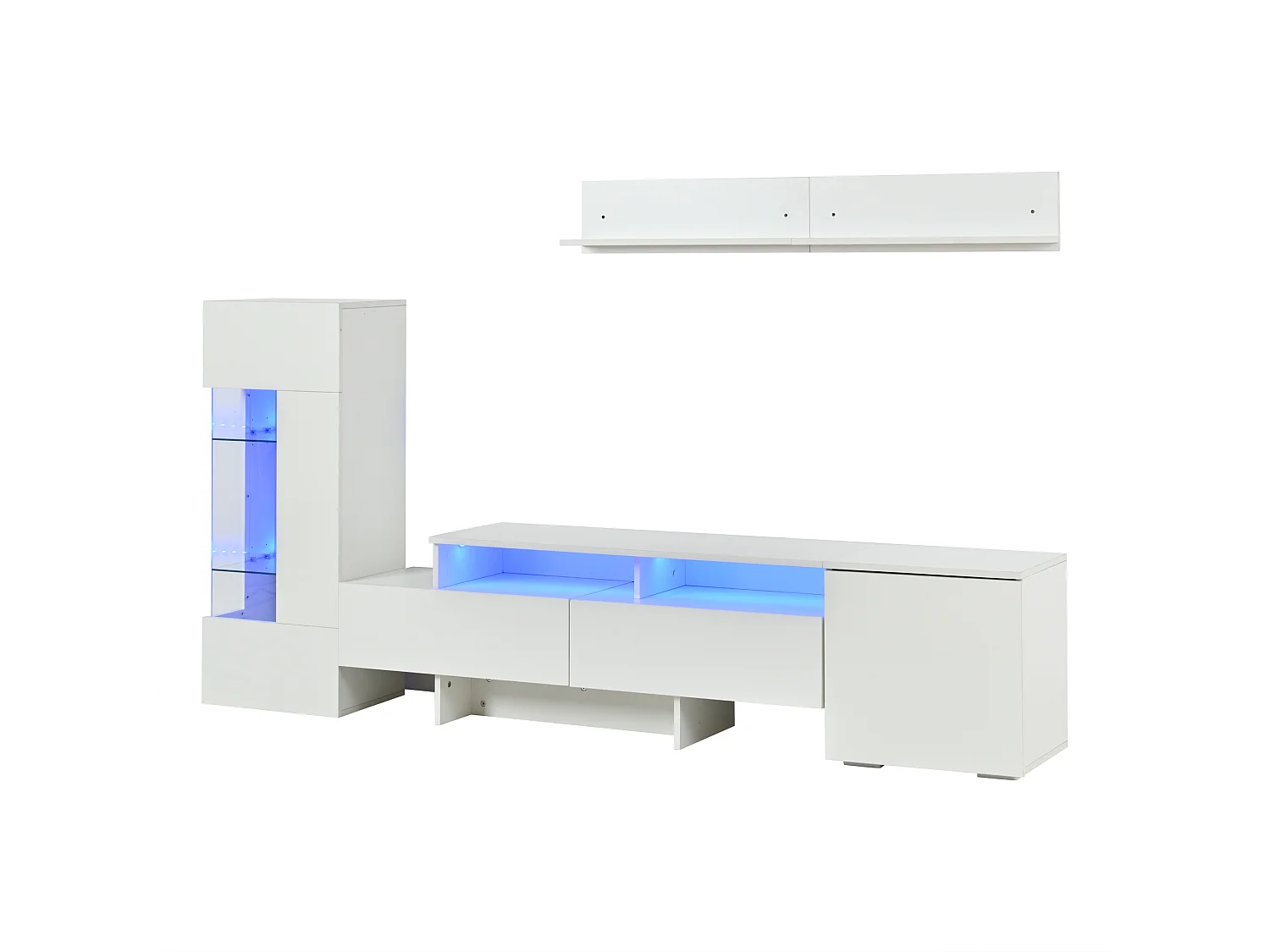 3-teiliger TV-Möbelsatz - TV-Schrank + Vitrine + Wandregal - LED-Beleuchtung - 2 Türen + 2 Schubladen - Hochglanz-Oberfläche - Weiß