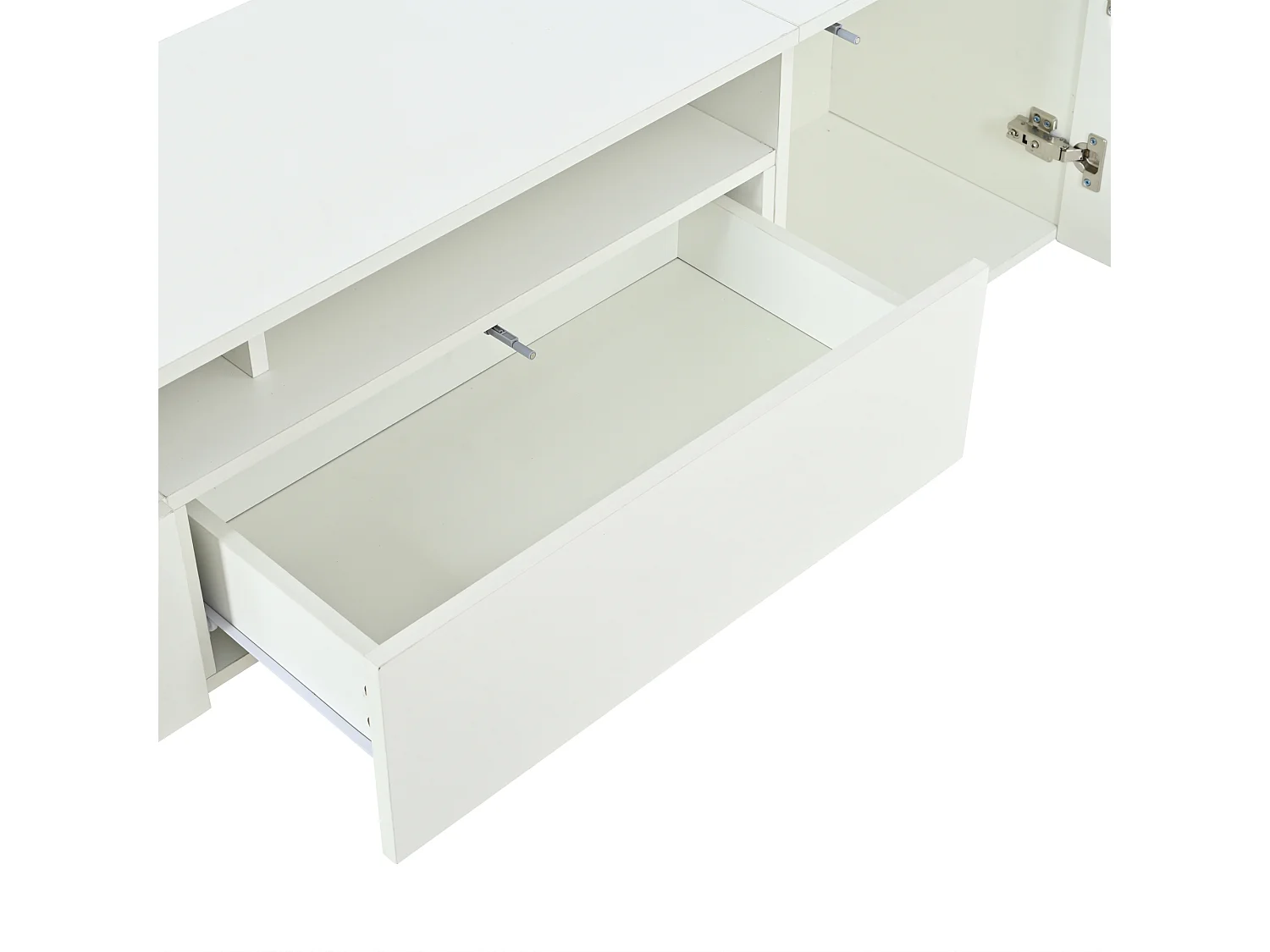 3-teiliger TV-Möbelsatz - TV-Schrank + Vitrine + Wandregal - LED-Beleuchtung - 2 Türen + 2 Schubladen - Hochglanz-Oberfläche - Weiß