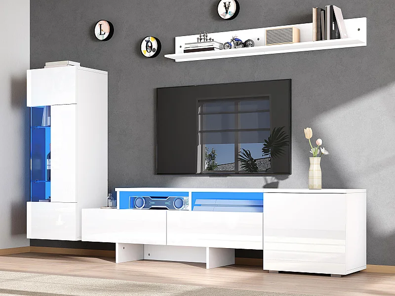 3-teiliger TV-Möbelsatz - TV-Schrank + Vitrine + Wandregal - LED-Beleuchtung - 2 Türen + 2 Schubladen - Hochglanz-Oberfläche - Weiß
