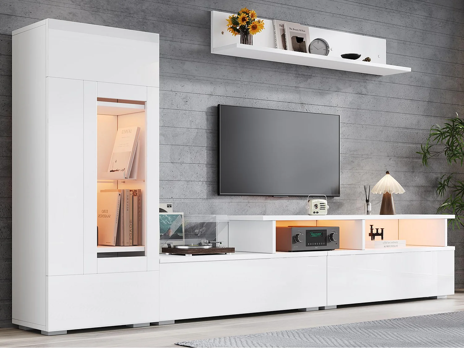 3-teiliger TV-Möbelsatz - TV-Schrank + Vitrine + Wandregal - mit LED-Beleuchtung - Hochglanzlack-Oberfläche - weiß