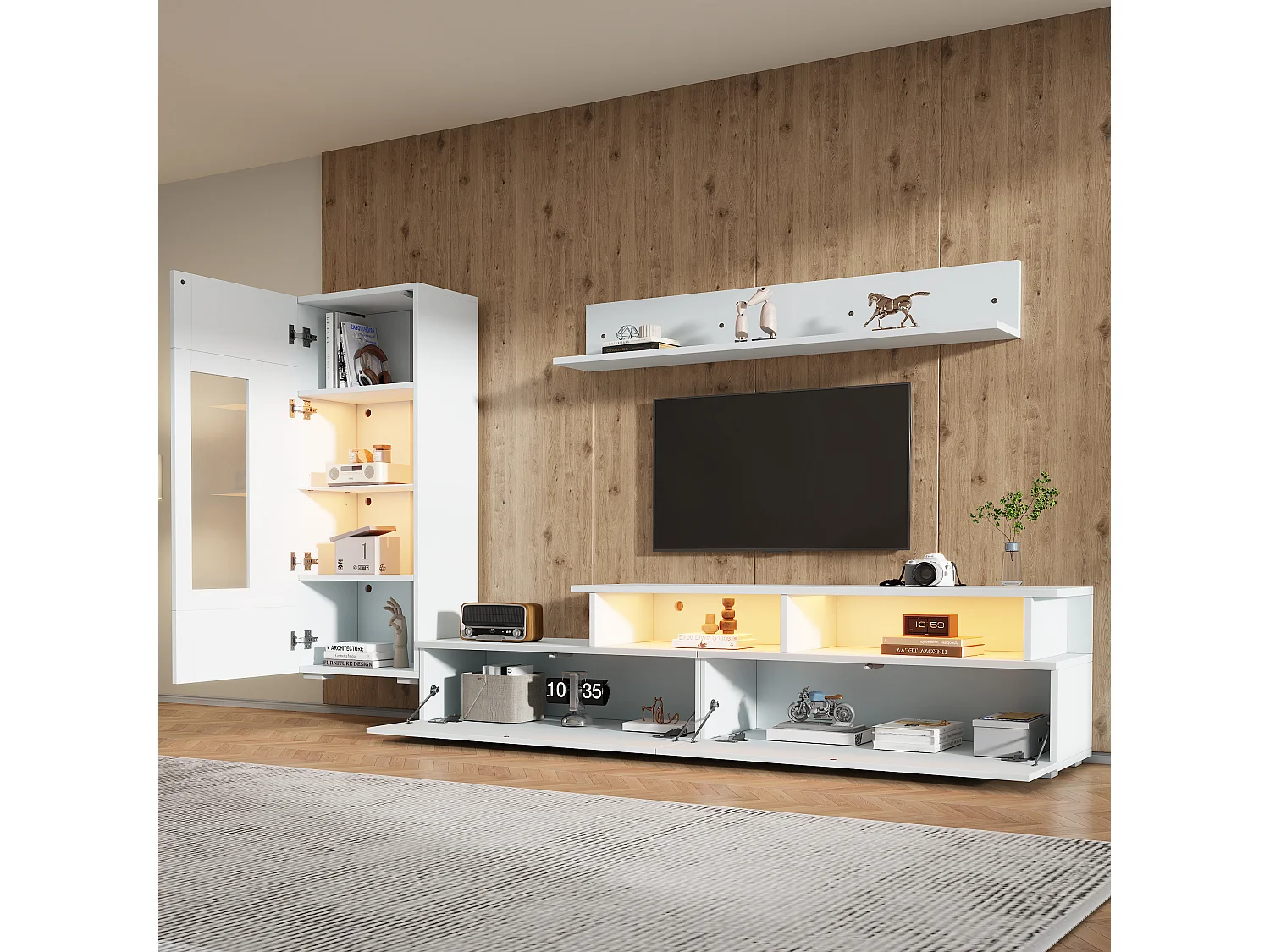 3-teiliger TV-Möbelsatz - TV-Schrank + Vitrine + Wandregal - mit LED-Beleuchtung - Hochglanzlack-Oberfläche - weiß