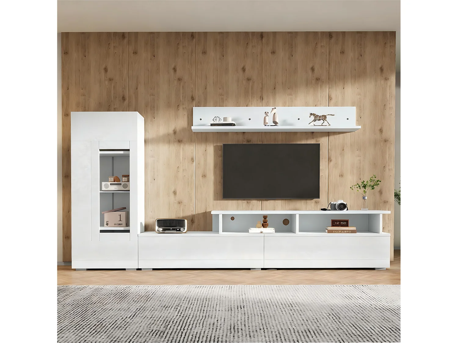 3-teiliger TV-Möbelsatz - TV-Schrank + Vitrine + Wandregal - mit LED-Beleuchtung - Hochglanzlack-Oberfläche - weiß