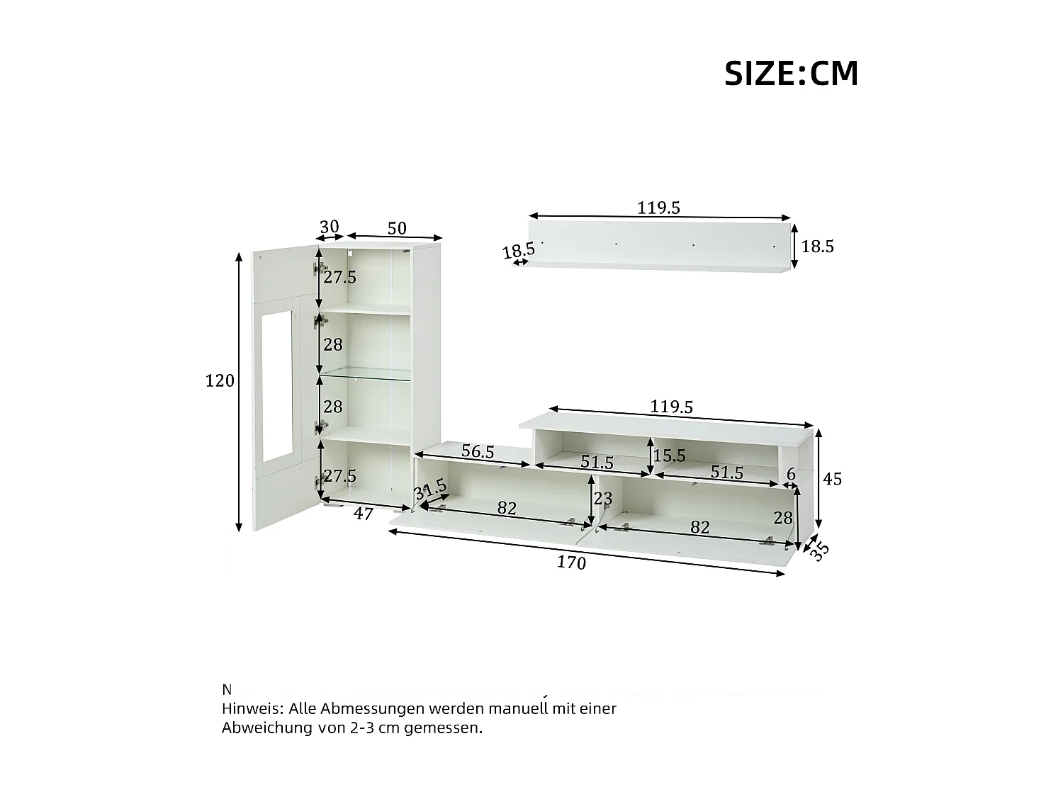 3-teiliger TV-Möbelsatz - TV-Schrank + Vitrine + Wandregal - mit LED-Beleuchtung - Hochglanzlack-Oberfläche - weiß