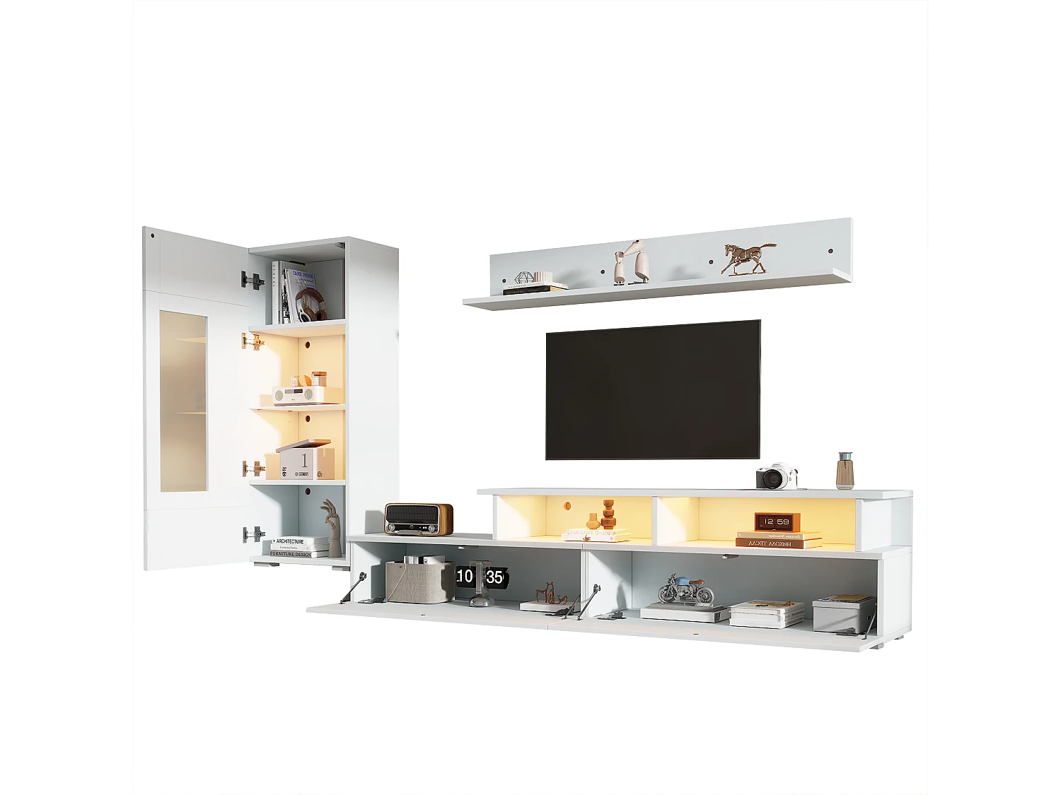 3-teiliger TV-Möbelsatz - TV-Schrank + Vitrine + Wandregal - mit LED-Beleuchtung - Hochglanzlack-Oberfläche - weiß