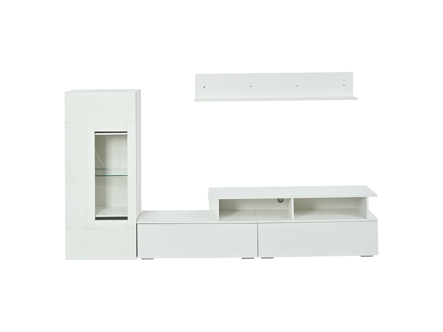 3-teiliger TV-Möbelsatz - TV-Schrank + Vitrine + Wandregal - mit LED-Beleuchtung - Hochglanzlack-Oberfläche - weiß