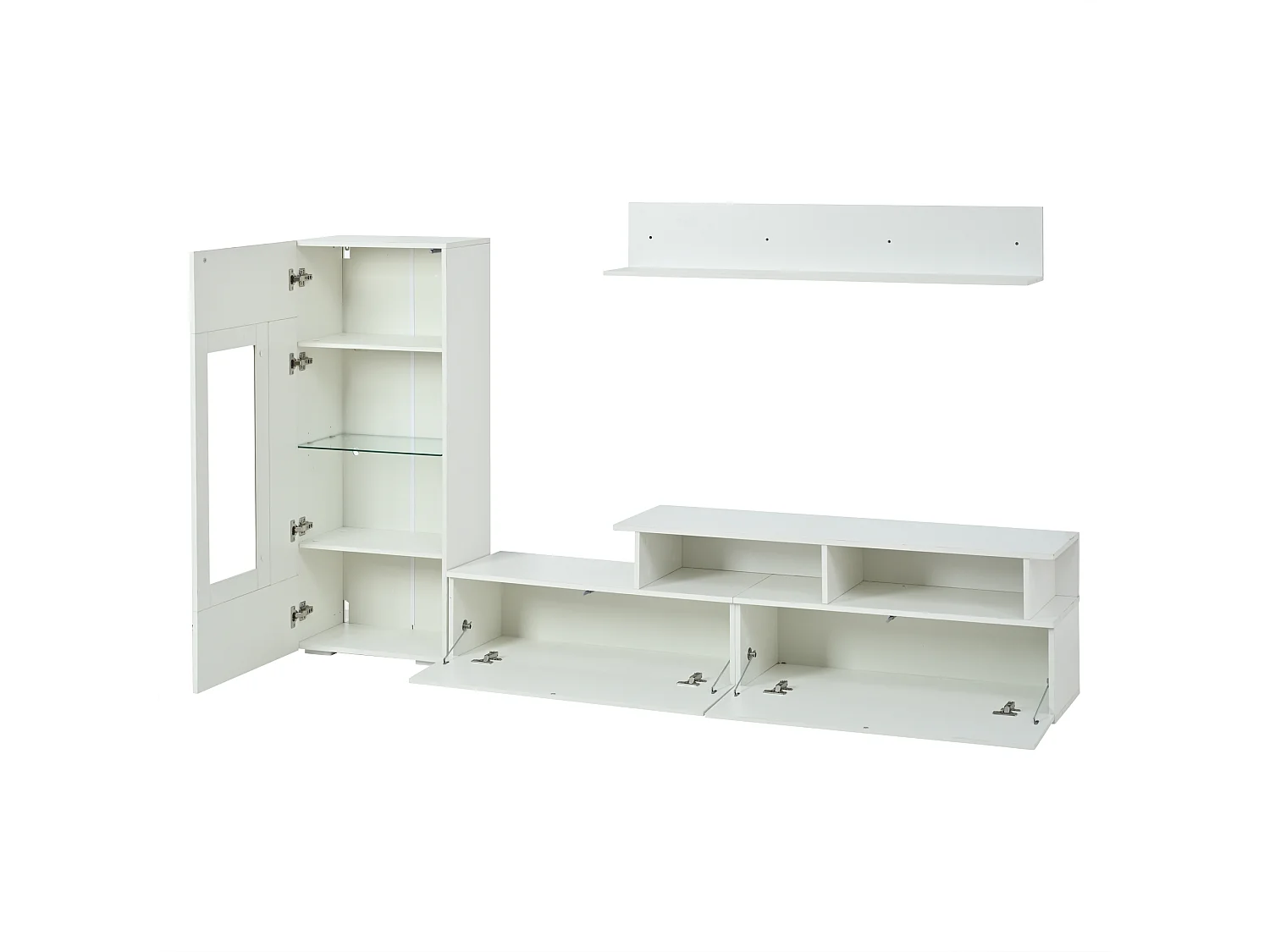 3-teiliger TV-Möbelsatz - TV-Schrank + Vitrine + Wandregal - mit LED-Beleuchtung - Hochglanzlack-Oberfläche - weiß