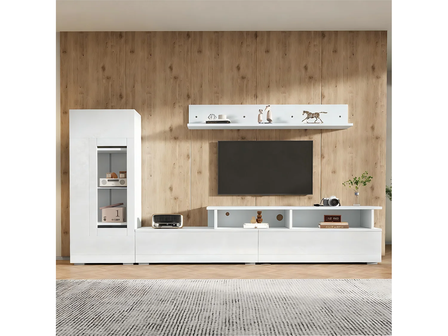 Ensemble meuble TV 3 pièces - meuble TV + vitrine + étagère murale - avec éclairage LED - finition laquée brillante - blanc