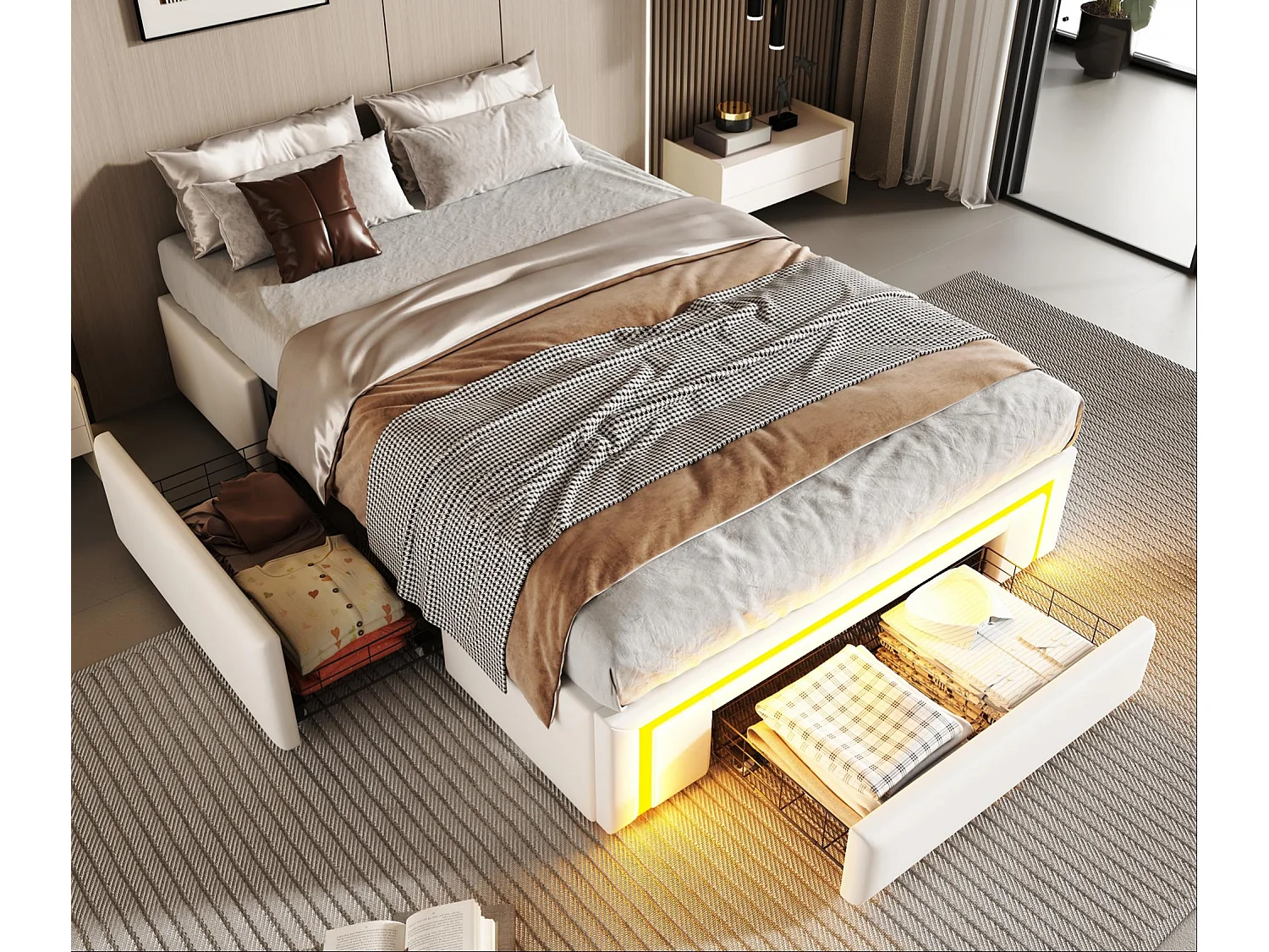 Einzelbett 90x200 cm - mit 2 Schubladen - ohne Kopfteil - mit LED-Beleuchtung - weiß​ (Matratze nicht inbegriffen)