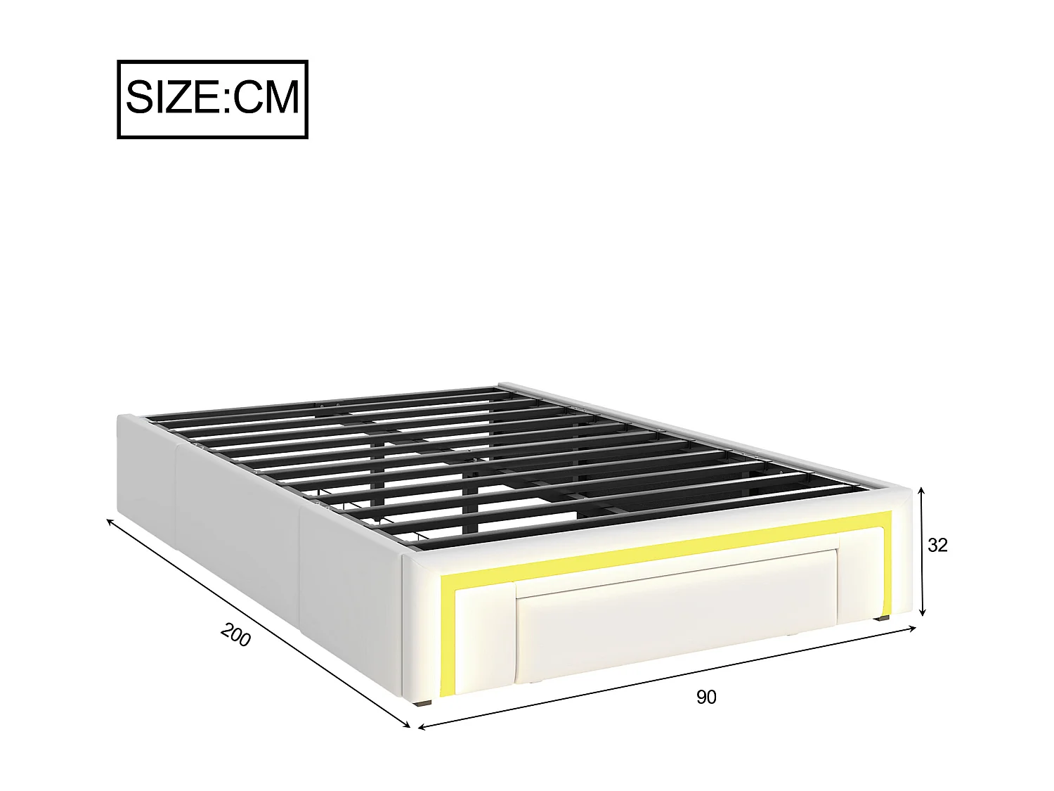 Einzelbett 90x200 cm - mit 2 Schubladen - ohne Kopfteil - mit LED-Beleuchtung - weiß​ (Matratze nicht inbegriffen)