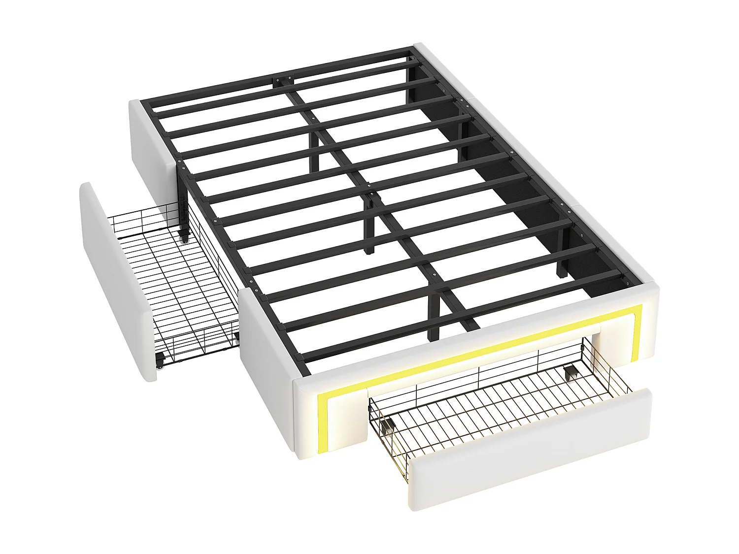 Einzelbett 90x200 cm - mit 2 Schubladen - ohne Kopfteil - mit LED-Beleuchtung - weiß​ (Matratze nicht inbegriffen)