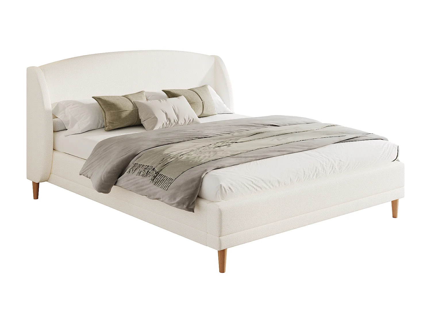 Lit capitonné 140x190 cm - Pieds en bois d'hévéa - avec sommier à lattes - Tissu bouclé - Blanc (sans matelas)