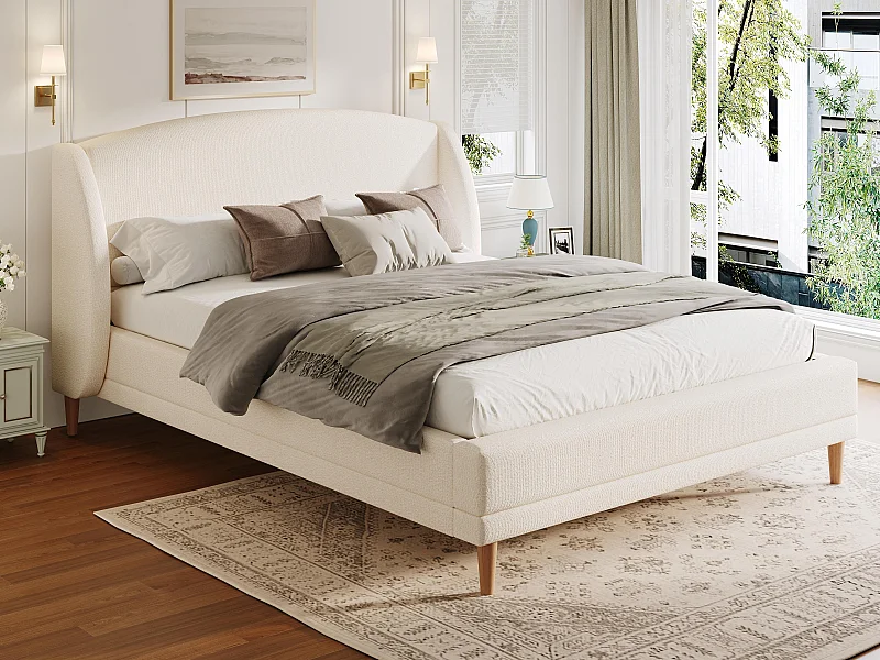 Lit capitonné 140x190 cm - Pieds en bois d'hévéa - avec sommier à lattes - Tissu bouclé - Blanc (sans matelas)