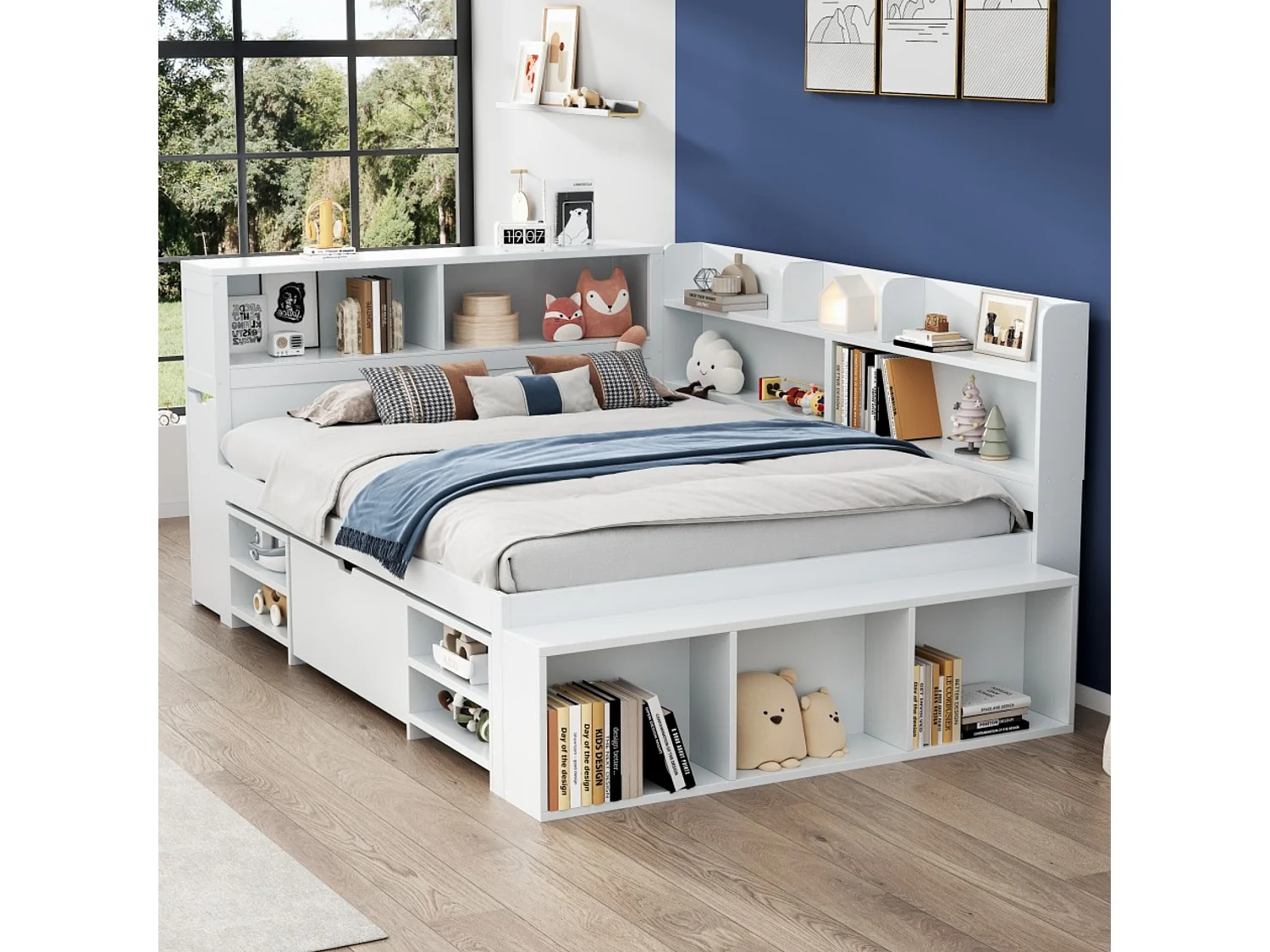 Lit 135x190cm en MDF - avec tiroirs et étagères - avec petit bibliothèque amovible - avec sommier à lattes - Blanc (sans matelas)