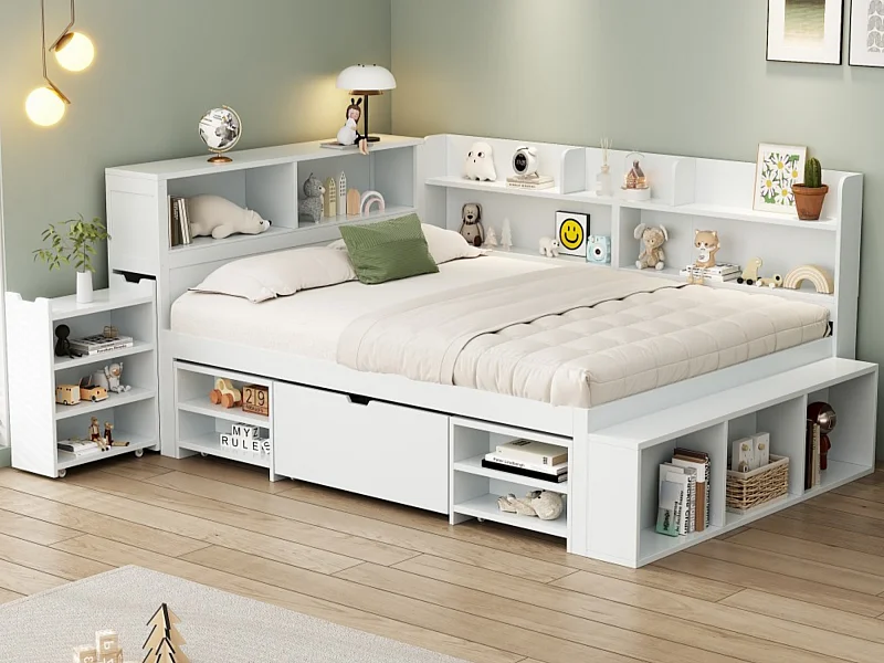 Cama 135x190cm en MDF - con cajones y estantes - con pequeña librería desmontable - con somier de láminas - Blanco​ (sin colchón)