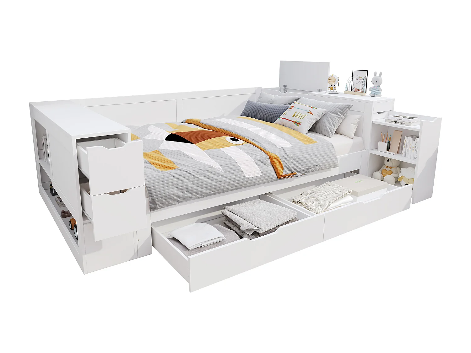 Canapé-lit enfant 140x190 cm - avec tiroirs, étagères et espace de rangement - MDF - Blanc (sans matelas)