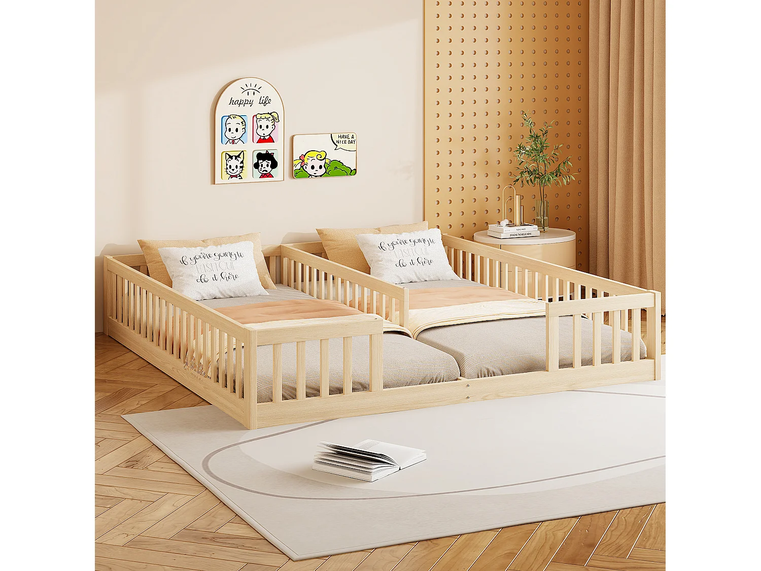 Łóżko dziecięce 90x200 cm - z barierkami bezpieczeństwa - z stelażem lamelowym - z sosny - naturalny​ (materac nie jest wliczony w cenę)