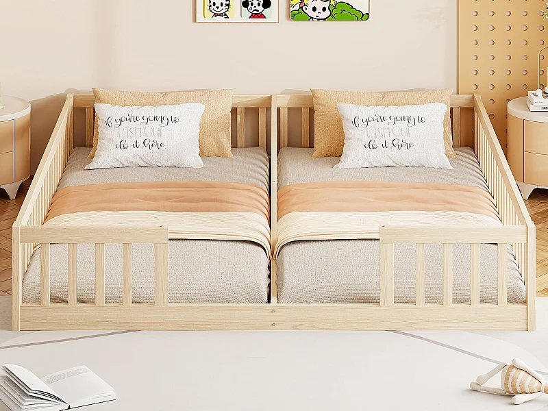 Łóżko dziecięce 90x200 cm - z barierkami bezpieczeństwa - z stelażem lamelowym - z sosny - naturalny​ (materac nie jest wliczony w cenę)