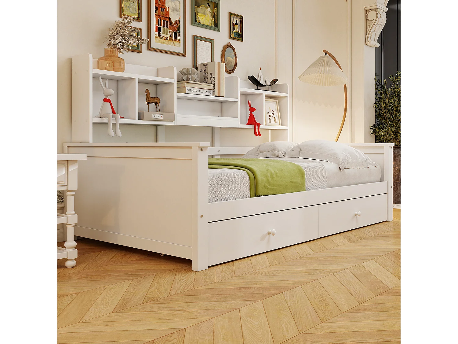 Canapé-lit 90x200 - avec 2 tiroirs - avec étagères - avec sommier à lattes - blanc (matelas non inclus)