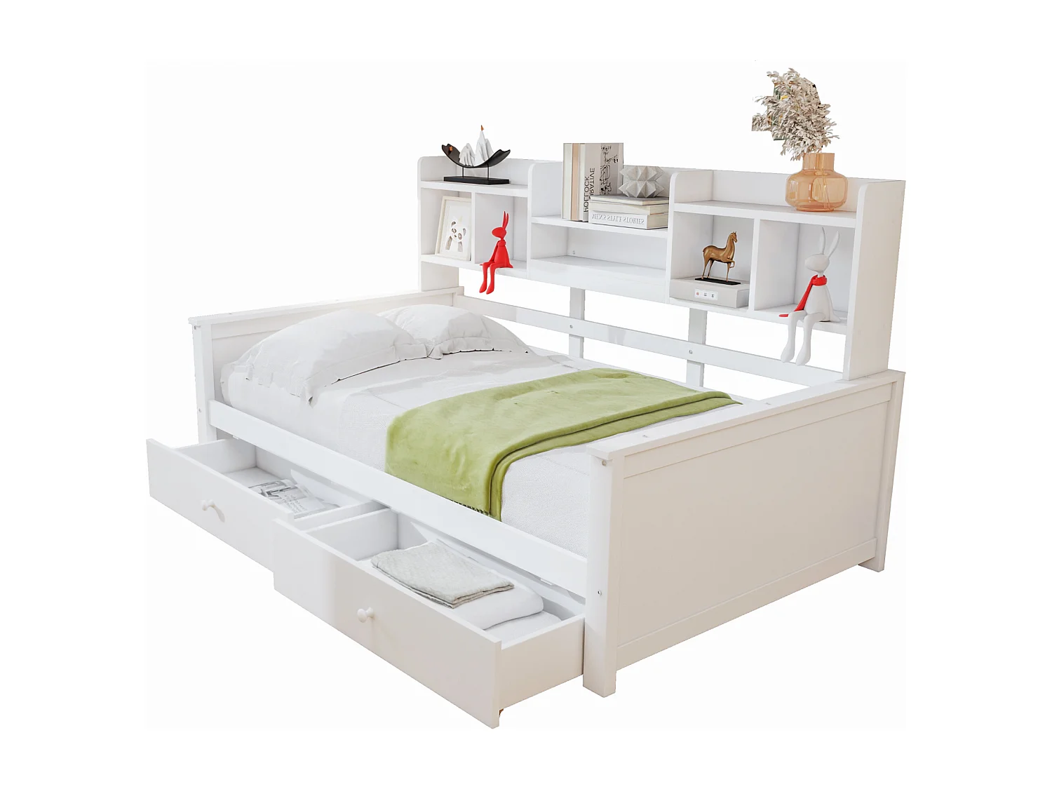 Canapé-lit 90x200 - avec 2 tiroirs - avec étagères - avec sommier à lattes - blanc (matelas non inclus)