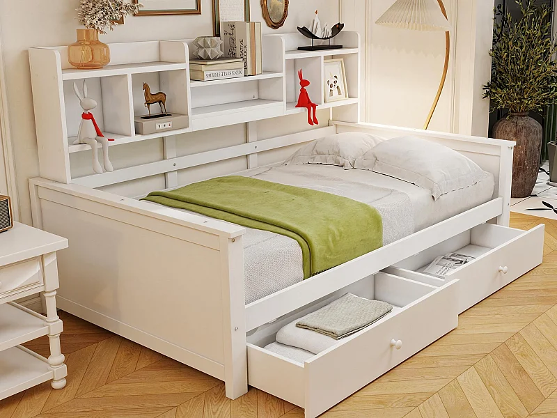 Canapé-lit 90x200 - avec 2 tiroirs - avec étagères - avec sommier à lattes - blanc (matelas non inclus)