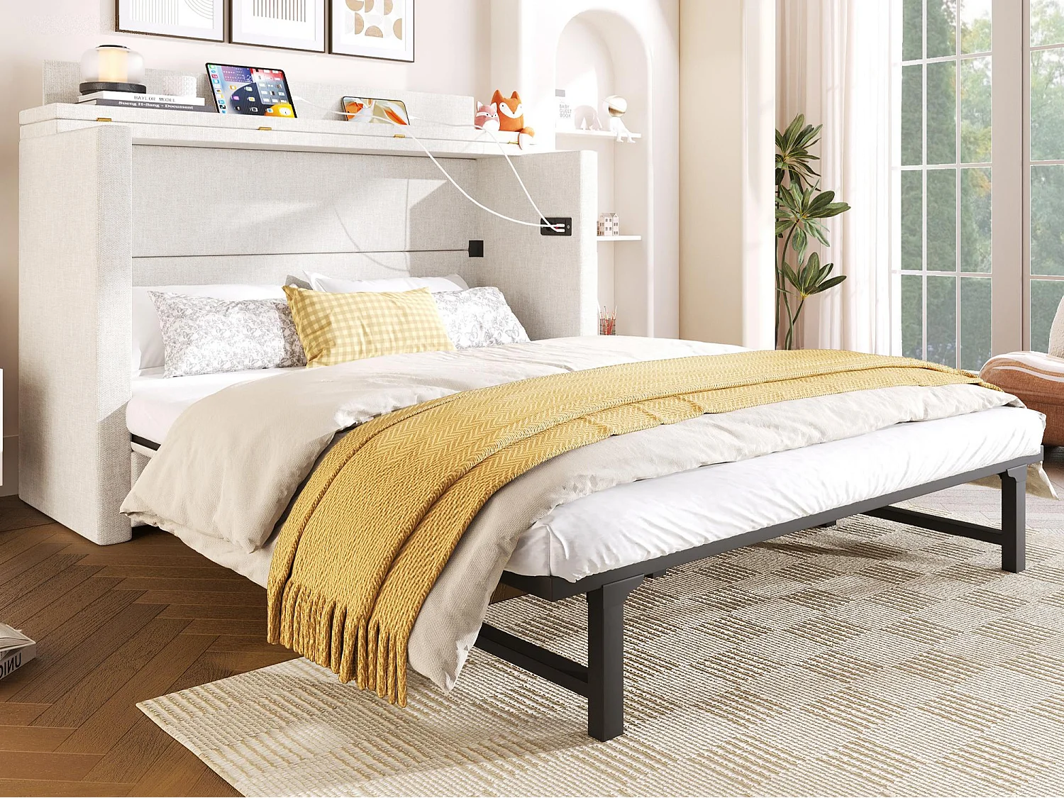 Letto a scomparsa 140x200 cm - 1 cassetto - Scomparto di riporre - Porte USB e Type-C - Bianco​ (materasso non incluso)