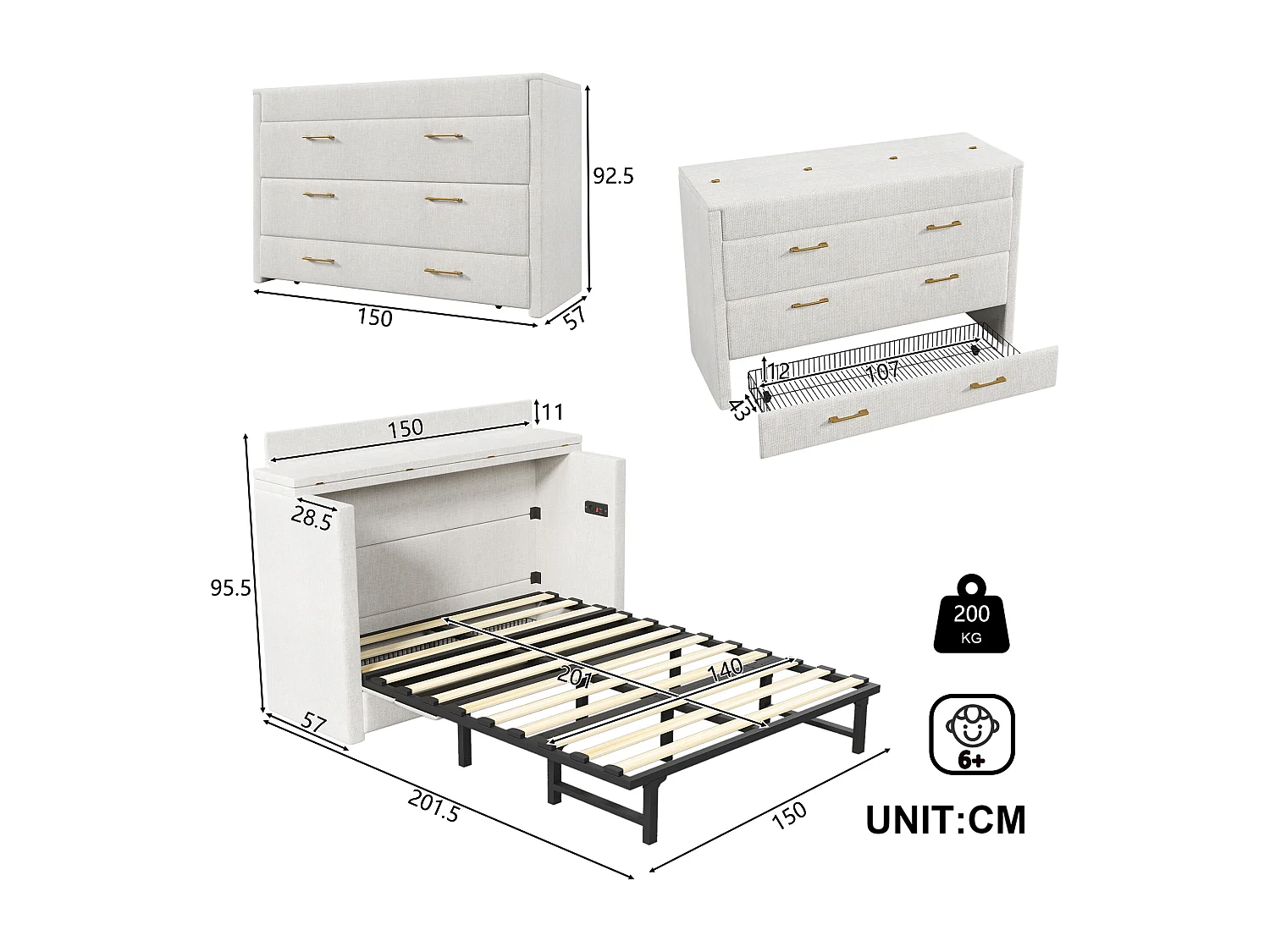 Letto a scomparsa 140x200 cm - 1 cassetto - Scomparto di riporre - Porte USB e Type-C - Bianco​ (materasso non incluso)