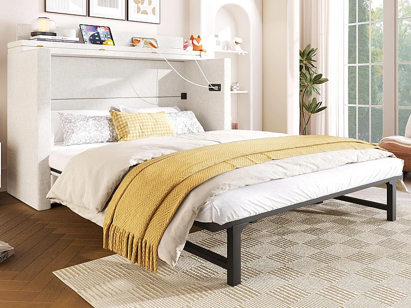 Letto a scomparsa 140x200 cm - 1 cassetto - Scomparto di riporre - Porte USB e Type-C - Bianco​ (materasso non incluso)