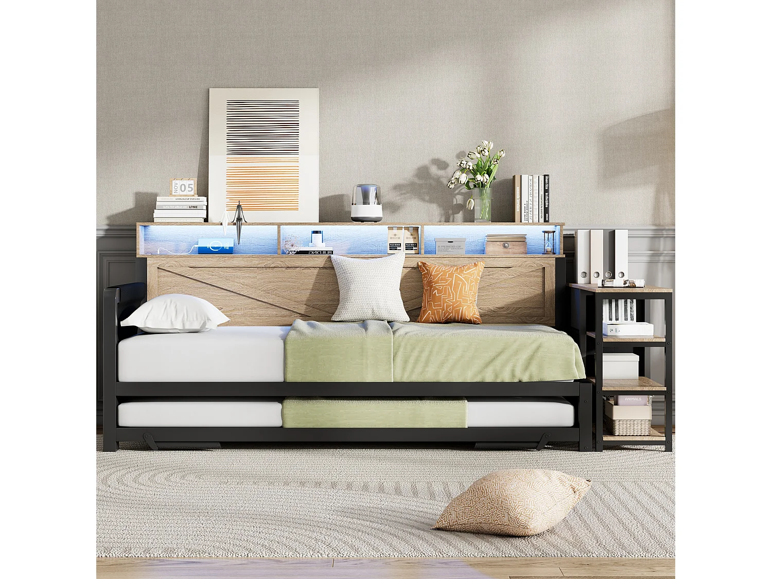 Metall-Schlafsofa 90x200 cm - mit Ausziehbett - 3 Schubladen und 3 Regalen - LED und USB-Anschluss - Schwarz​ (Matratze nicht inbegriffen)