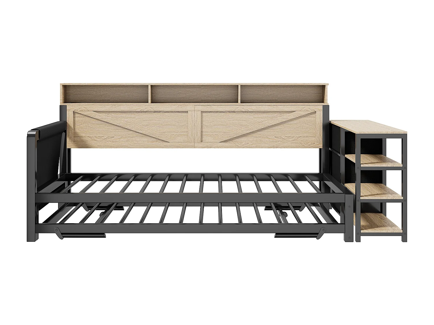 Metall-Schlafsofa 90x200 cm - mit Ausziehbett - 3 Schubladen und 3 Regalen - LED und USB-Anschluss - Schwarz​ (Matratze nicht inbegriffen)