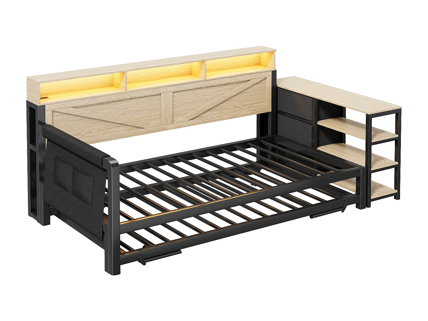 Metall-Schlafsofa 90x200 cm - mit Ausziehbett - 3 Schubladen und 3 Regalen - LED und USB-Anschluss - Schwarz​ (Matratze nicht inbegriffen)