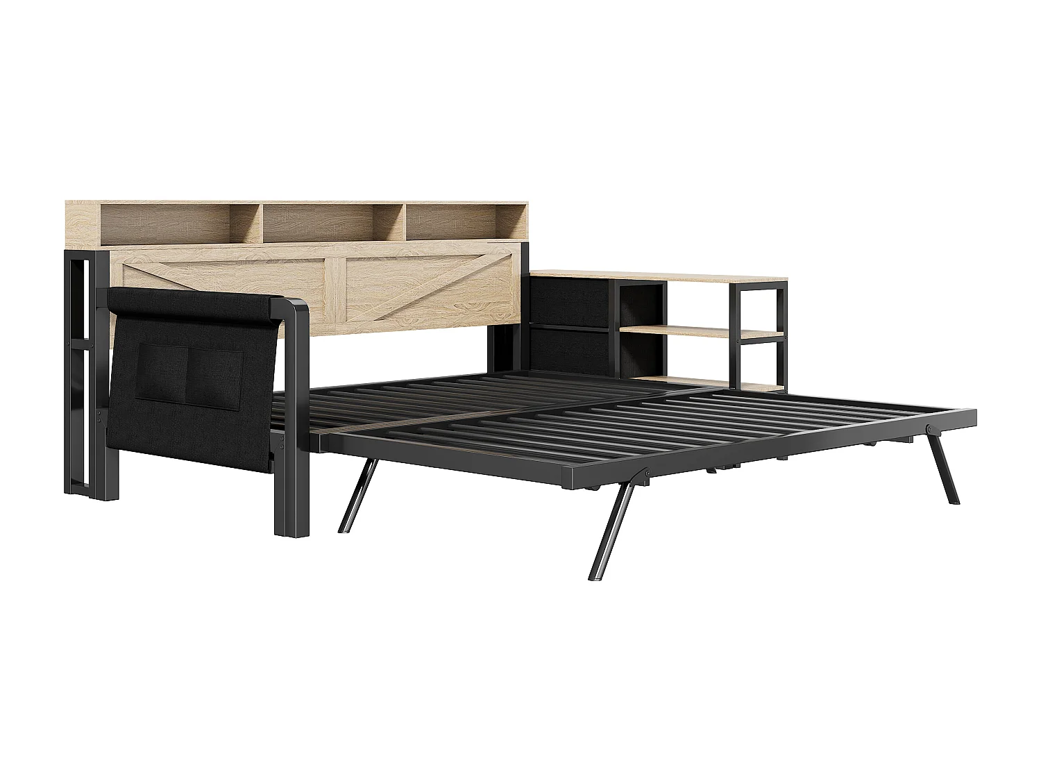 Metall-Schlafsofa 90x200 cm - mit Ausziehbett - 3 Schubladen und 3 Regalen - LED und USB-Anschluss - Schwarz​ (Matratze nicht inbegriffen)