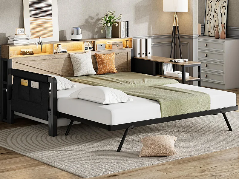 Metall-Schlafsofa 90x200 cm - mit Ausziehbett - 3 Schubladen und 3 Regalen - LED und USB-Anschluss - Schwarz​ (Matratze nicht inbegriffen)