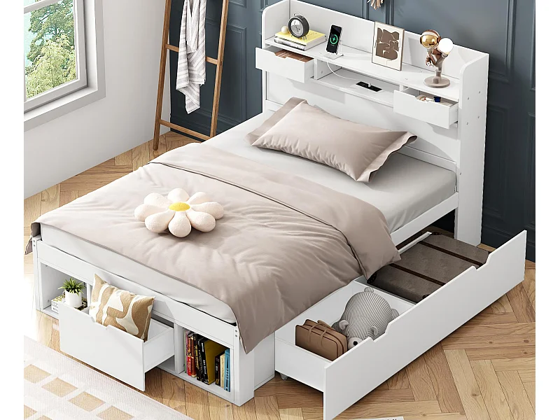 Lit adulte 90x190 cm - avec port de recharge et rangements multifonctionnels - Blanc (matelas non inclus)