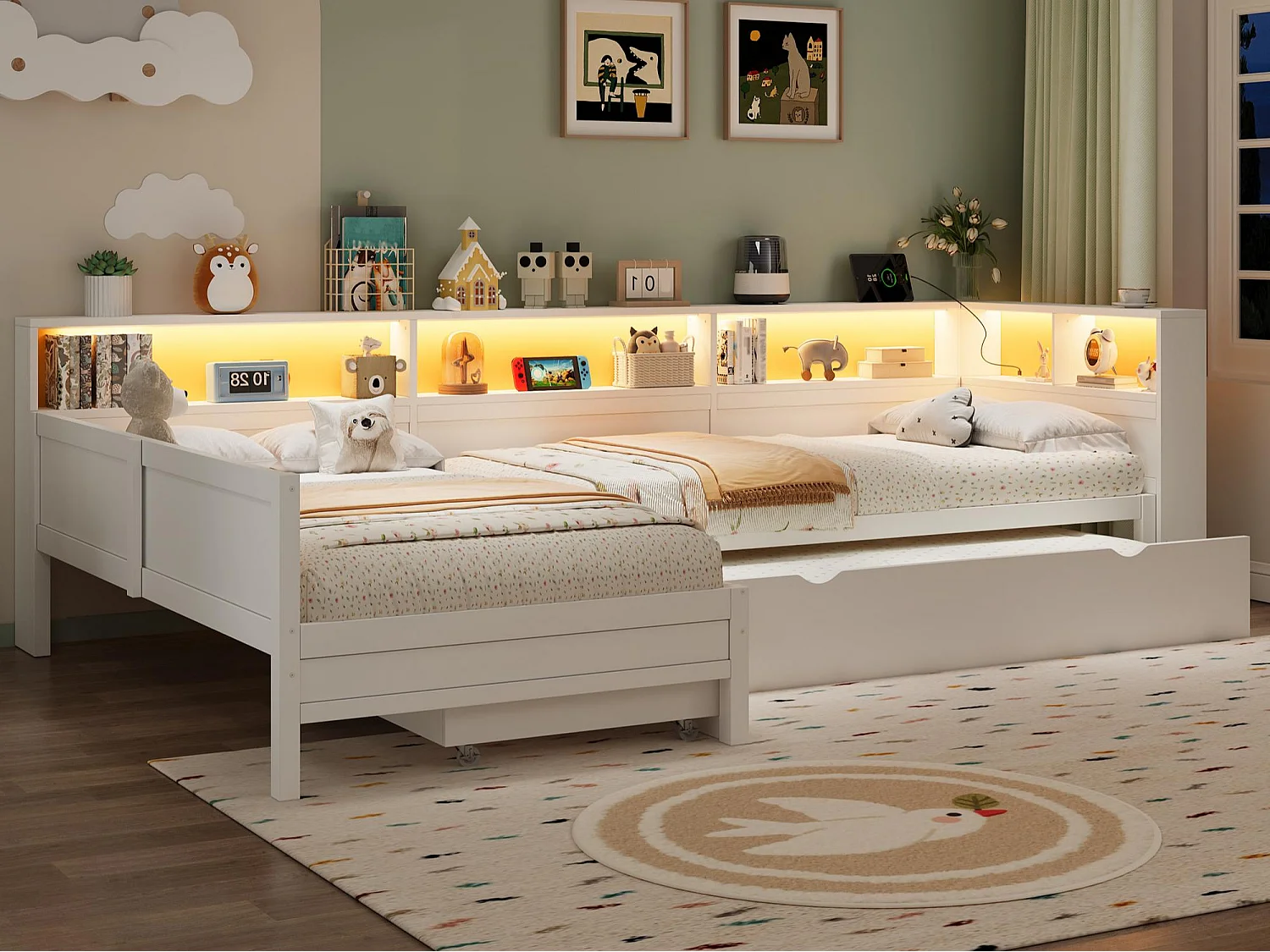 Einzelbett 90x200 cm in L-Form - mit Nestbett und 1 Schublade - mit LED und USB-Anschluss - Staufächer - Weiß​ (Matratze nicht inbegriffen)