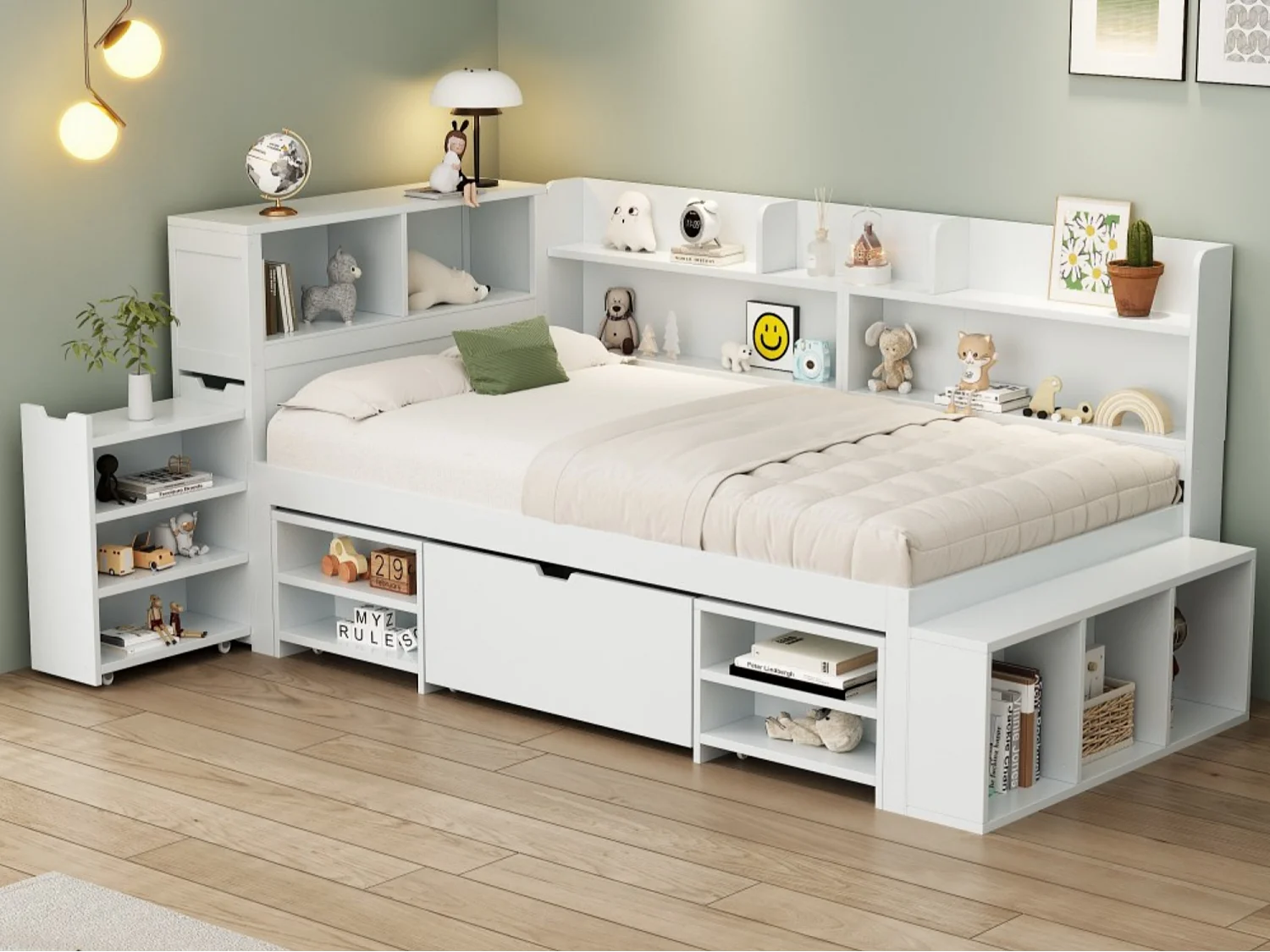 Lit simple 90x190cm en MDF - avec tiroirs et étagères - avec petit bibliothèque amovible - avec sommier à lattes - Blanc (sans matelas)