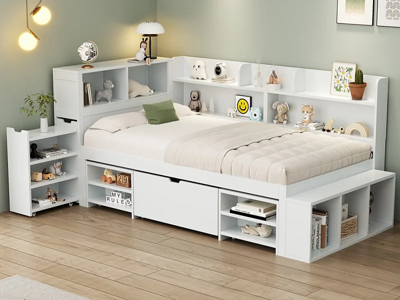 Lit simple 90x190cm en MDF - avec tiroirs et étagères - avec petit bibliothèque amovible - avec sommier à lattes - Blanc (sans matelas)