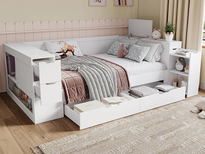 Kinder-Schlafsofa 90x190 cm - mit Schubladen, Regalen und Stauraum - MDF - Weiß​ (ohne Matratze)